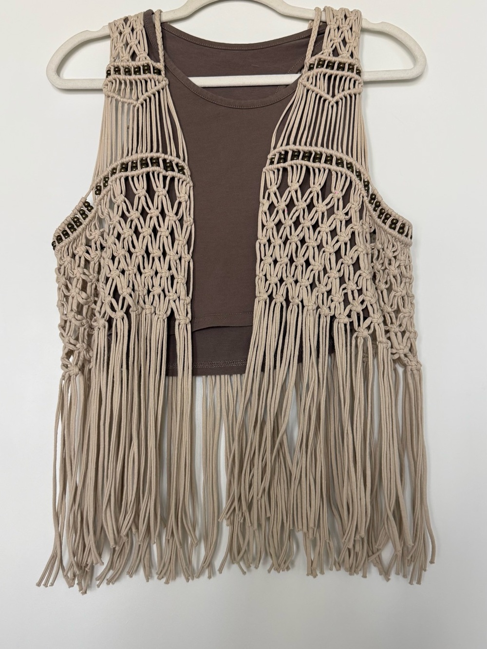 Beige Macramé Fringe Vest